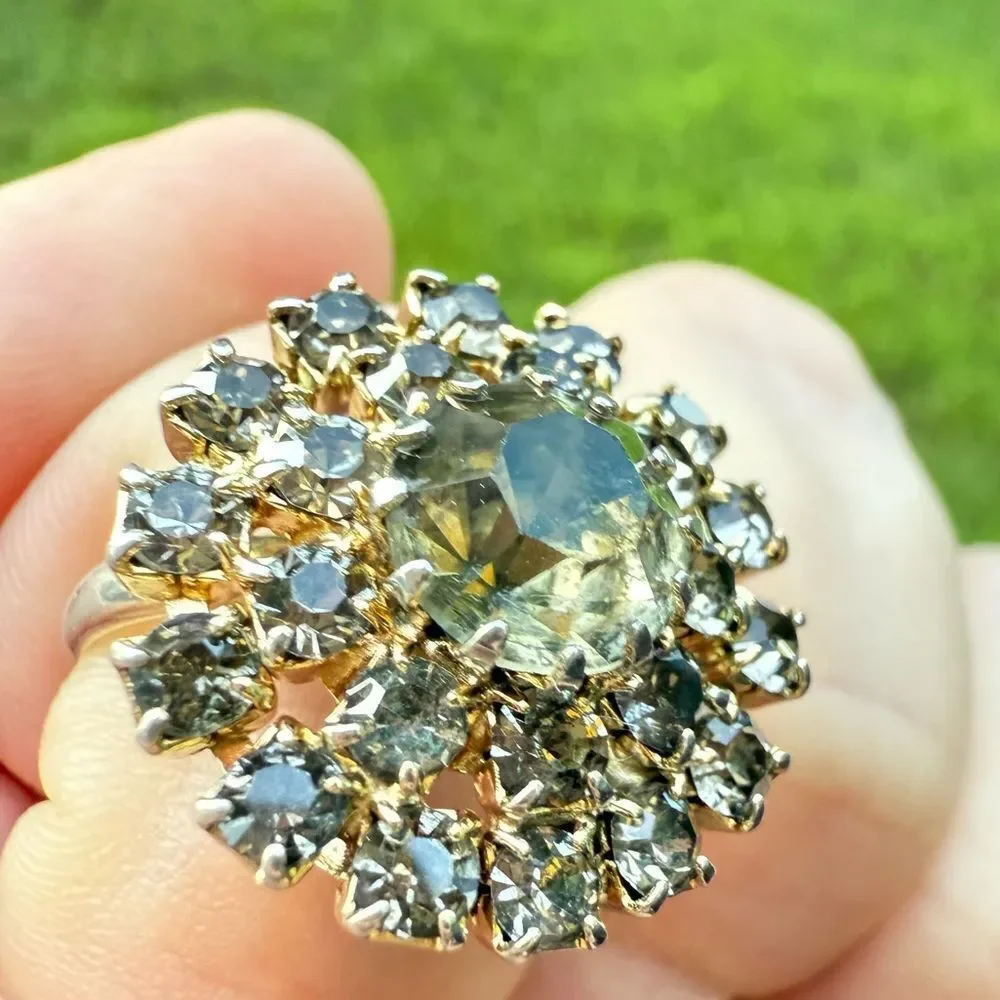 VINTAGE ADJUSTABLE SILVER RING WITH LARGE ROUND CRYSTAL CLUSTER – STATEMENT JEW